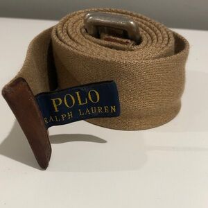 Polo by Ralph Lauren Tan Canvas Belt with Leather Tip adjustable EUC double ring